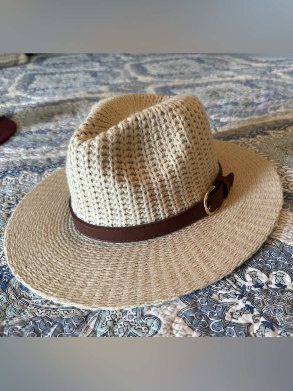 Altar'd State Cream woven Crochet Fedora with Brown Leather Band